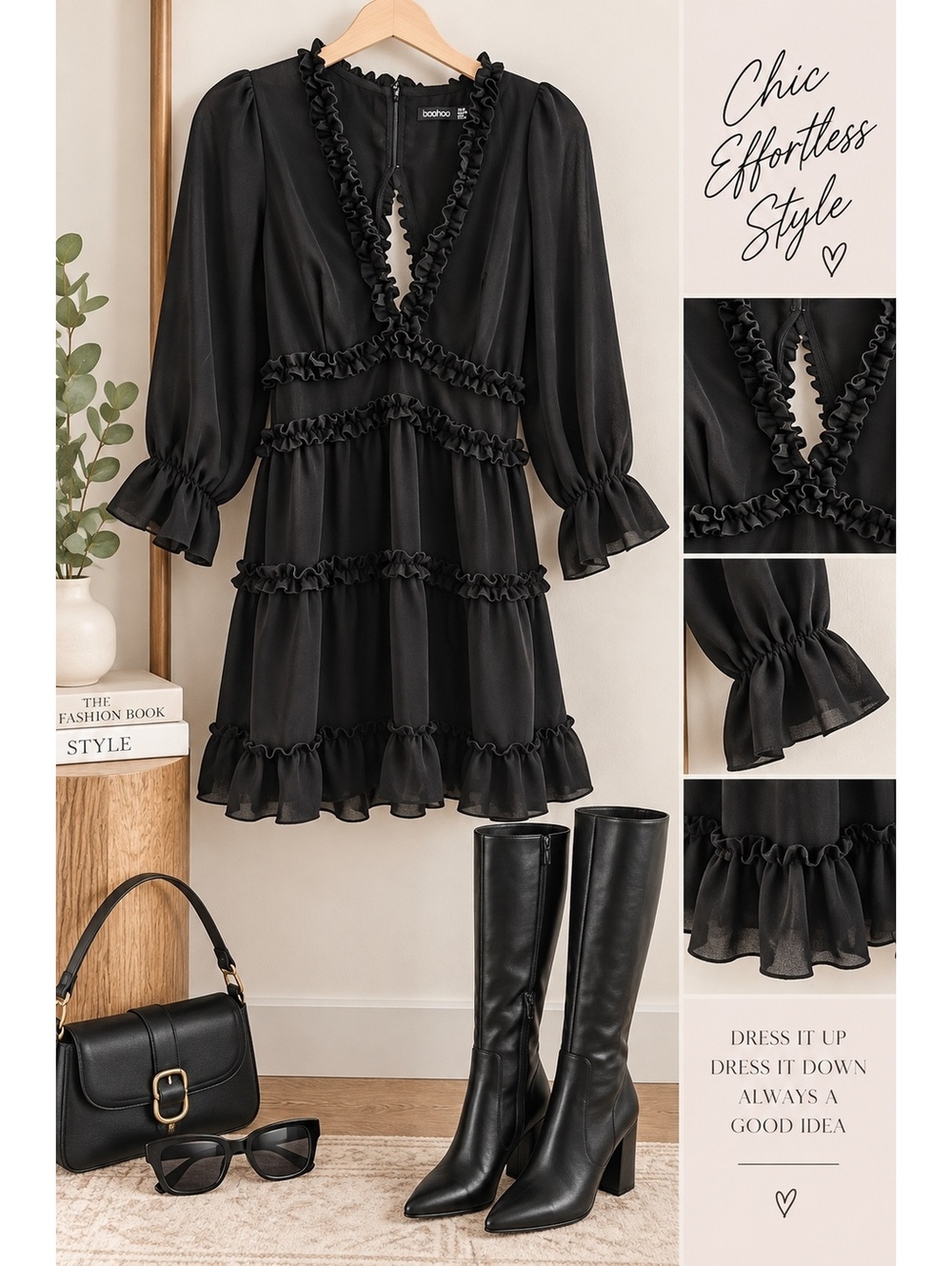 Boohoo Black Ruffle Detail Mini Dress Size US 2